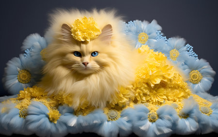 Fluffy cat with blue eyes and yellow flowers on a blue backgroundの素材