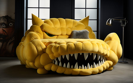 Funny monster sofa in room, 3d rendering. Computer digital drawing.の素材