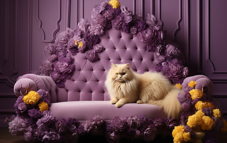 Beautiful fluffy cat on sofa in lilac room decorated with flowersの素材