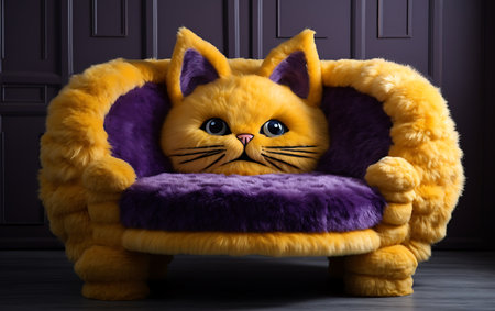 Cute cat in armchair on dark room background. funny fartの素材
