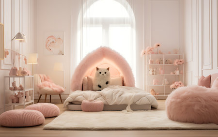 3d render of white cat in a pink wigwam in the childrens roomの素材