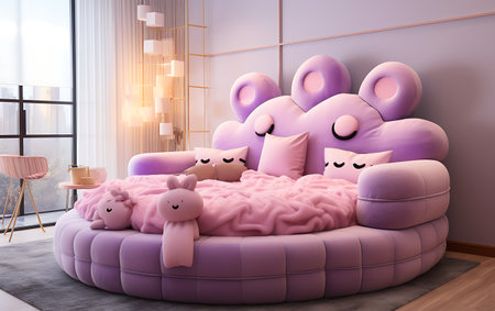 3D rendering of a children's room with a pink sofa and a teddy bearの素材