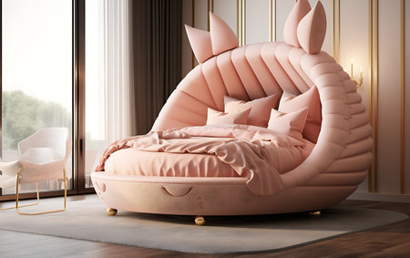 Modern bedroom interior with pink bed and armchair, 3d renderの素材