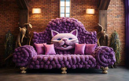 Purple cat on sofa in the living room. 3d renderingの素材