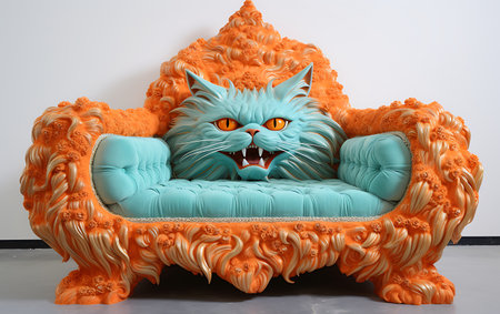 Orange cat sitting on a turquoise sofa in a room.の素材