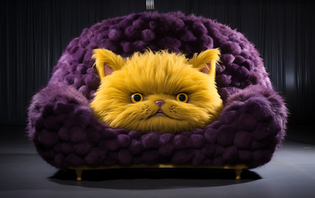 Funny cat in a purple armchair. 3D rendering.の素材