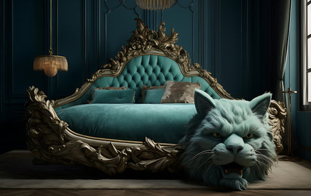 Luxury classic blue bedroom interior with a blue sofa and a big cat. 3d rendering.の素材