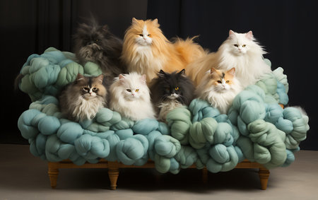Multicolored fluffy cats sitting on a sofa with blue and green woolの素材