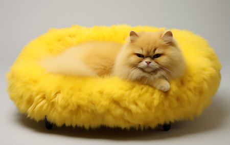 Persian cat lying on a yellow beanbag. Isolated on white background.の素材