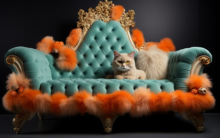 Beautiful cat in luxury interior. Comfortable sofa with fur collar.の素材