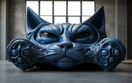 3D rendering of a blue monster with big eyes in a museumの素材