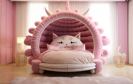 3d rendering of a pink unicorn bed in a pink roomの素材