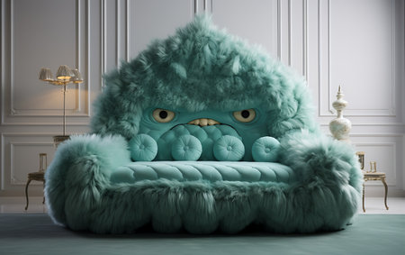 Funny monster sofa in classic interior. 3d render illustration.の素材