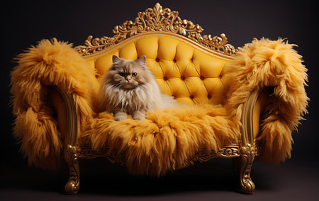 Persian cat sitting on a golden armchair. Studio shot.の素材