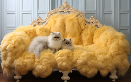 Two cats on a yellow sofa. Fluffy fart in the interior.の素材