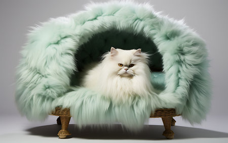 Cute white persian cat in a green fur coat. Studio shot.の素材