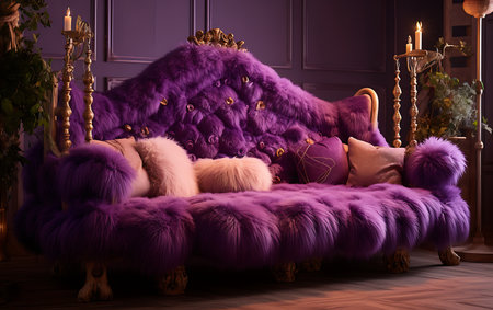 Luxury royal sofa with fur and pillows in the living roomの素材