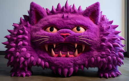 Funny halloween purple cat with big eyes and big teethの素材