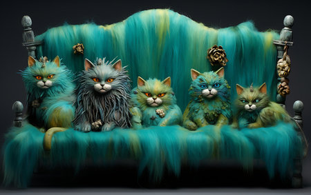 3D rendering of four cats sitting on a green sofa with blue hairの素材