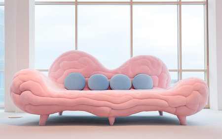 Pink sofa with blue pillows in the living room. 3d renderingの素材