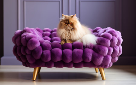 Persian cat in a purple sofa. Luxurious home interior.の素材