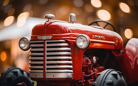 Red vintage tractor on the background of the city. Toning.の素材