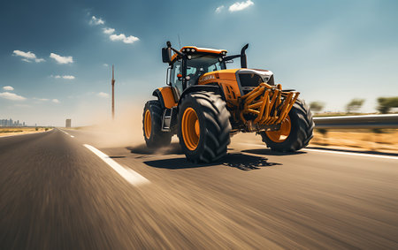 Tractor on the road. Industrial background. 3d rendering.の素材