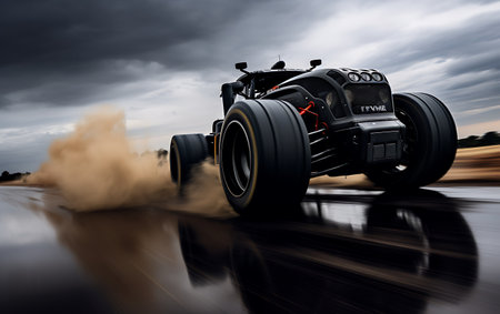 Racing car on the road with dramatic sky. 3d rendering.の素材