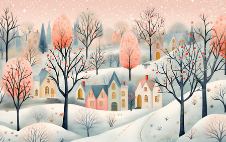 Winter landscape with houses, trees and snowflakes. Vector illustration.の素材