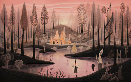 Fantasy landscape with a woman in the middle of the forest.の素材