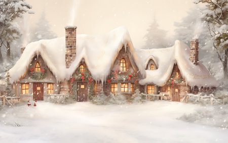 Digital painting of a winter fairy-tale village in the snow.の素材