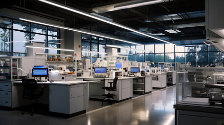 Interior of a modern scientific laboratory with equipment and science experiments.の素材