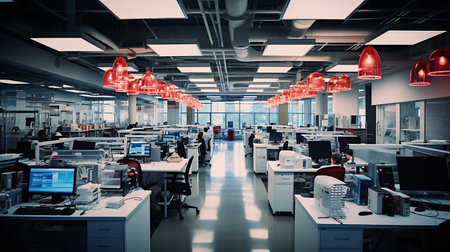Modern office interior with computers and people. 3d rendering toned imageの素材