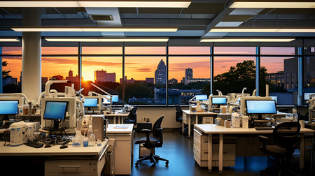 3d rendering of a modern office interior with computers and city viewの素材