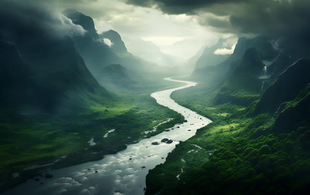 Fantasy landscape with river and mountains. 3d render illustration.の素材