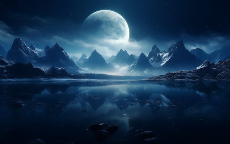 Fantasy landscape with mountains and lake at night. 3d renderingの素材
