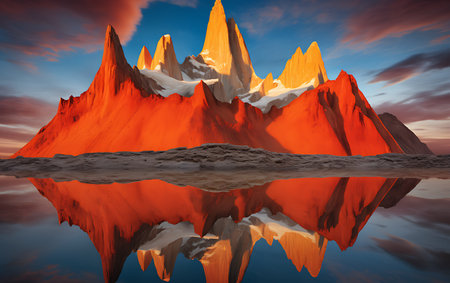 Mountains reflected in the water. 3d illustration. Computer collage.の素材