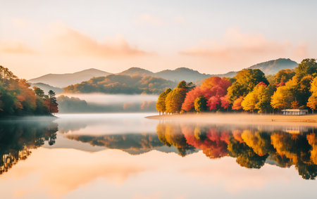 Beautiful autumn landscape with foggy lake and colorful forest in the morningの素材