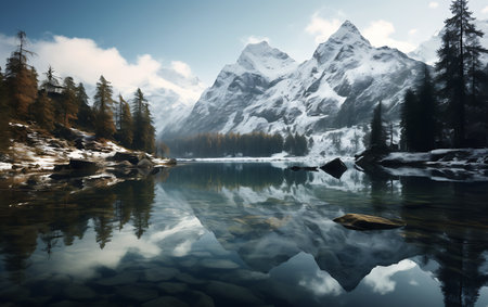 Beautiful winter landscape with snow-capped mountains and lake.の素材