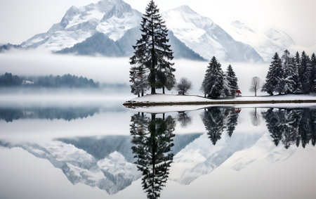 Foggy morning on the lake with reflection of mountains in the waterの素材