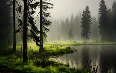 Foggy morning at the lake in the forest with coniferous treesの素材