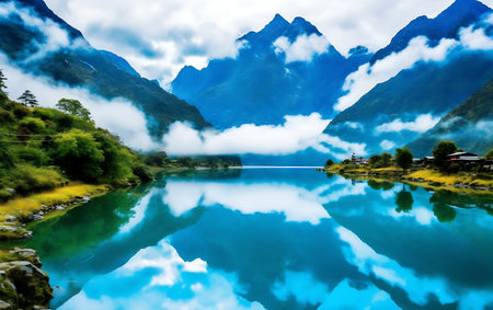 Reflection of mountains and clouds in Milford Sound, New Zealandの素材
