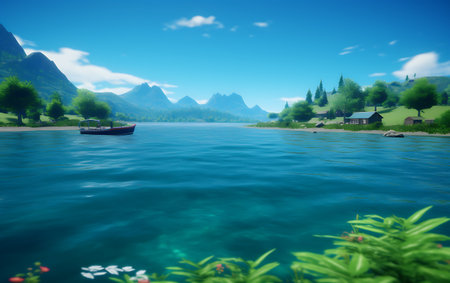 Beautiful landscape with lake, mountains and boat in the water.の素材