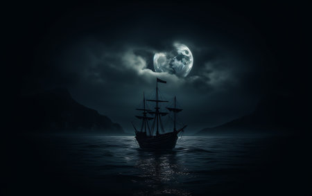 Old ship in the sea at night with moon. Fantasy landscape.の素材