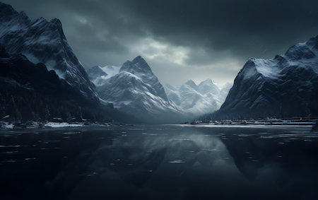 Fantasy landscape with snowy mountains and lake. 3D Renderingの素材
