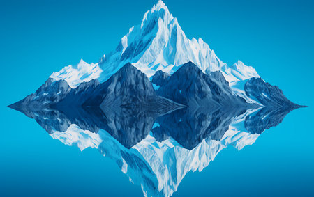Mountains reflected in water, 3d illustration, horizontal, over blueの素材