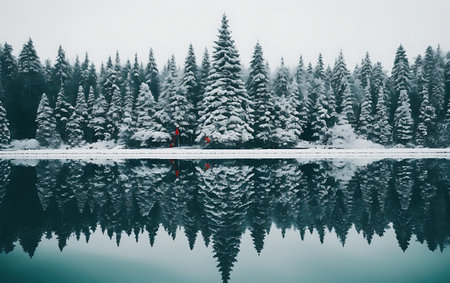 Beautiful winter landscape with snow covered forest lake and reflection in waterの素材