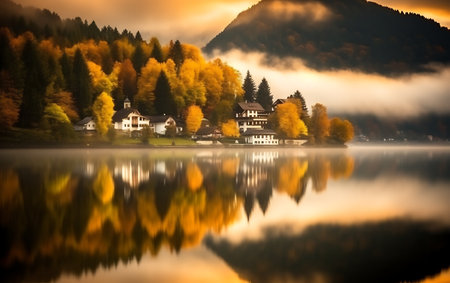 Foggy autumn morning at lake Bled, Slovenia, Europe.の素材