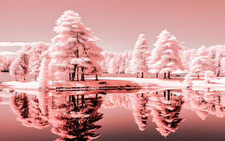 Beautiful winter landscape with snow covered trees and lake in pink toneの素材