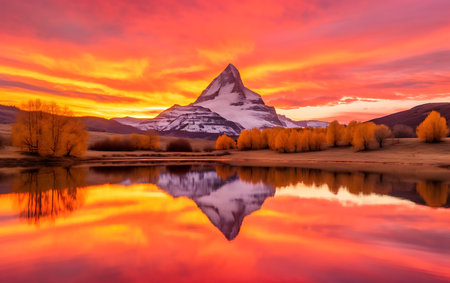 Matterhorn mountain reflected in the lake at sunrise, Zermatt, Switzerlandの素材